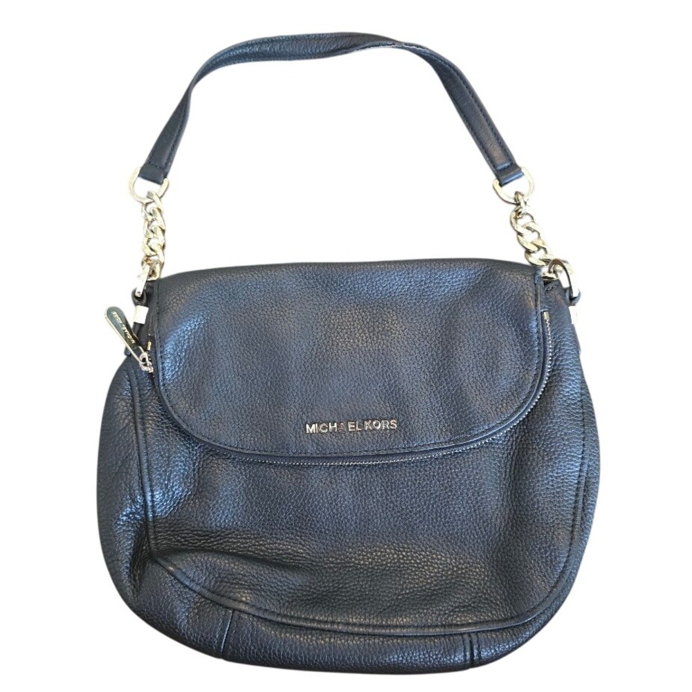 Michael Kors Bedford Black Pebbled Leather Flap‎ Shoulder Bag Gold Hardware